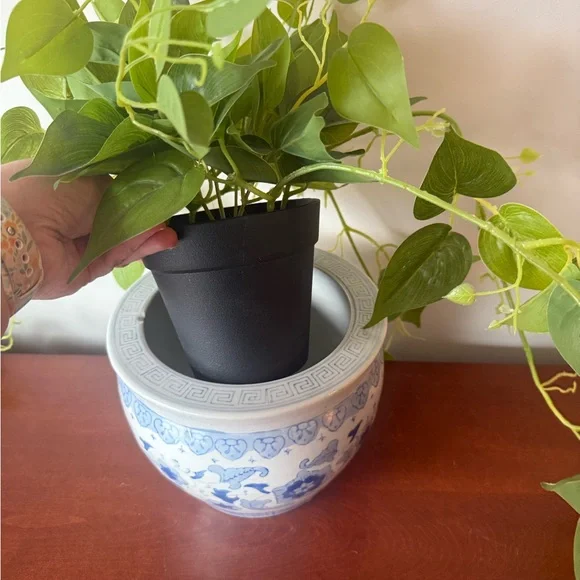 Blue and White Floral Ceramic Planter with Greenery (artificial greenery) - Picture 6 of 7